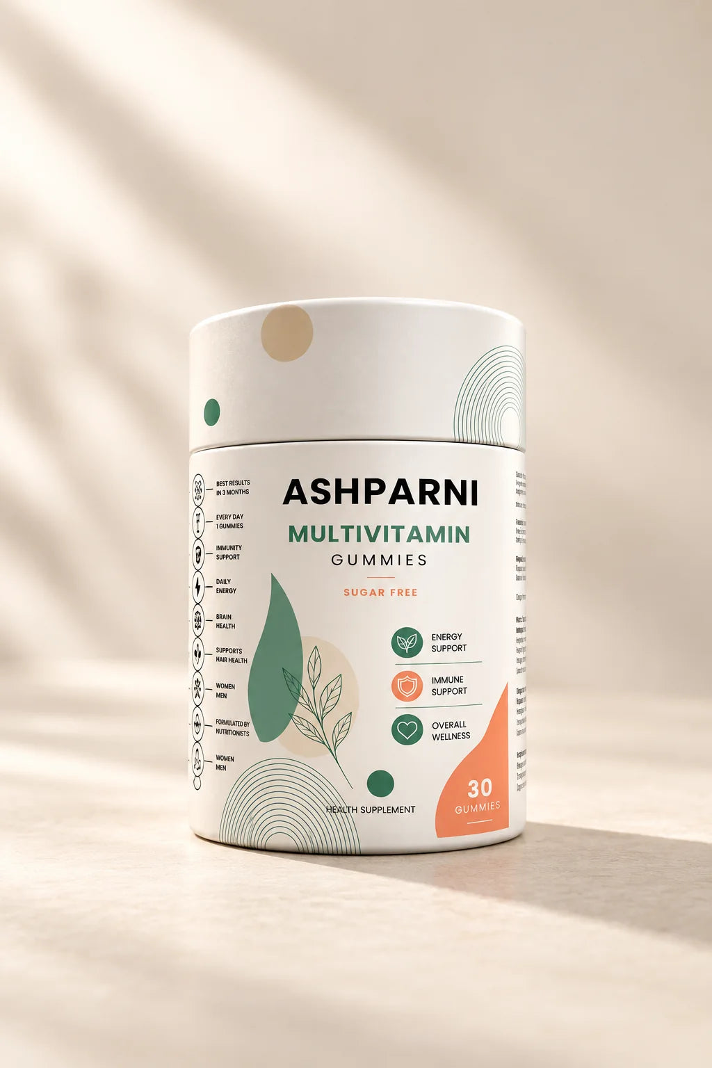 The 30-gummy ASHPARNI jar in soft daylight