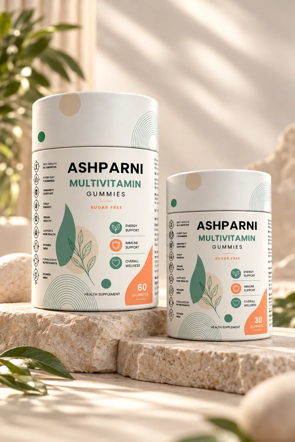 The 60-gummy and 30-gummy ASHPARNI jars on stone, with green leaves