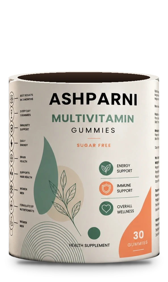 An opened jar of ASHPARNI Multivitamin Gummies with gummies popping out